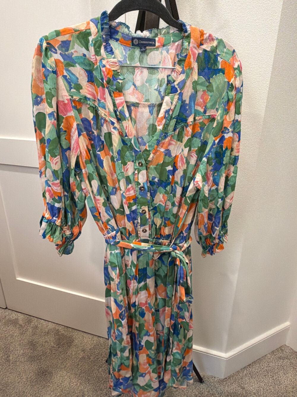 Democracy Flirty and Fun Multicolor Floral Dress Lantern Sleeves Size Large